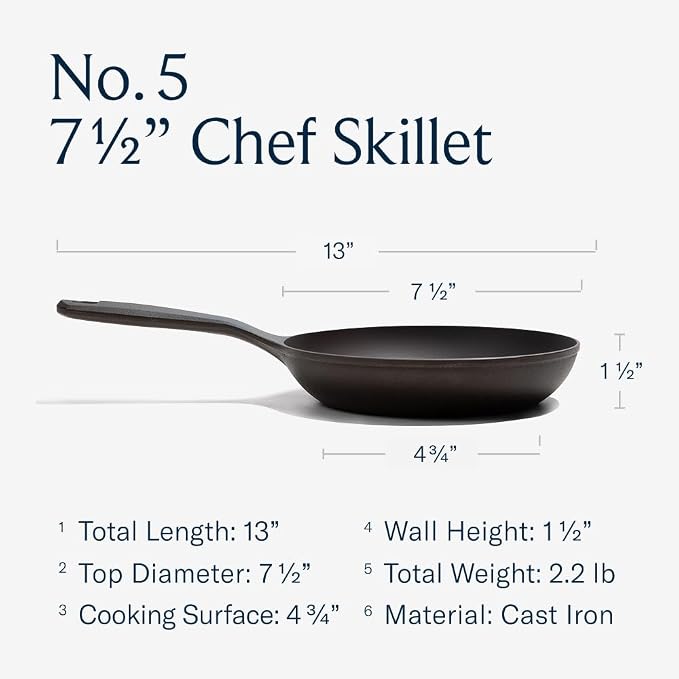 Field Company No.5 Cast Iron Chef Skillet – 7.5-Inch Curved Wall Egg Pan, Pre-Seasoned for 1–2 Servings, Lighter & Smooth, Made in USA