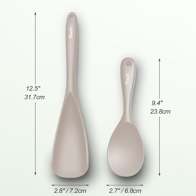 Cooking Spoon and Rice Scooper Set for Nonstick Cookwares, Heat Resistant- Seamless Design, Great for Cooking, Serving, Mixing, Scoop, and Scrape,2 Pack, Khaki