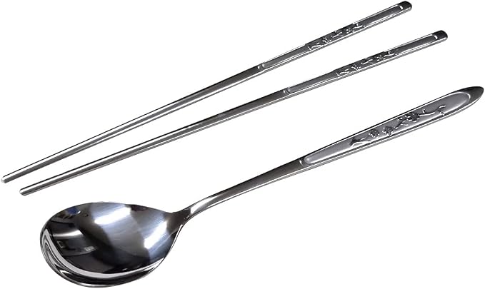GARASANI Korean Traditional Cutlery Stainless Steel Spoons and Chopsticks Set (Silver Plum blossom)