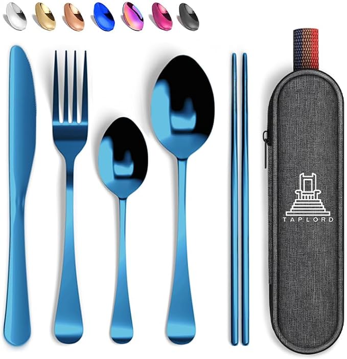 Taplord Portable Travel Silverware Set With Case, Includes 5 Pcs of Travel Utensils With Case, Stainless Steel Flatware Set For Camping, Easy to Travel, Lightweight (Blue)