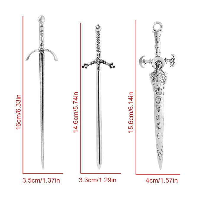 3-Piece Sword Hair Pin Set – Gothic and Viking Hair Accessories for Women, Medieval Hair Sticks & Renaissance Hair Jewelry