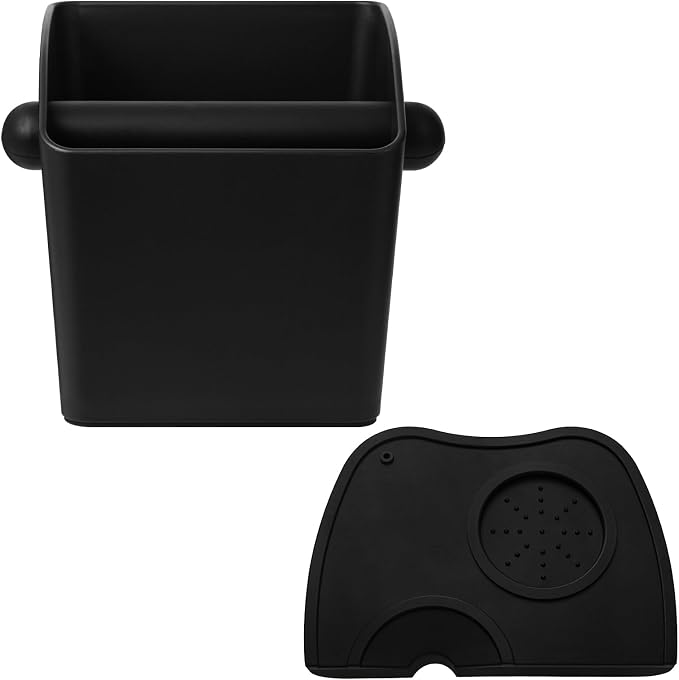 IAOSEN Large Square Knock Box Shock-absorbent Knock Box Espresso with Removable Knock Bar and Non-Slip Base Espresso Accessories for Home/Office (Large Black Knock Box with Tamper Mat)