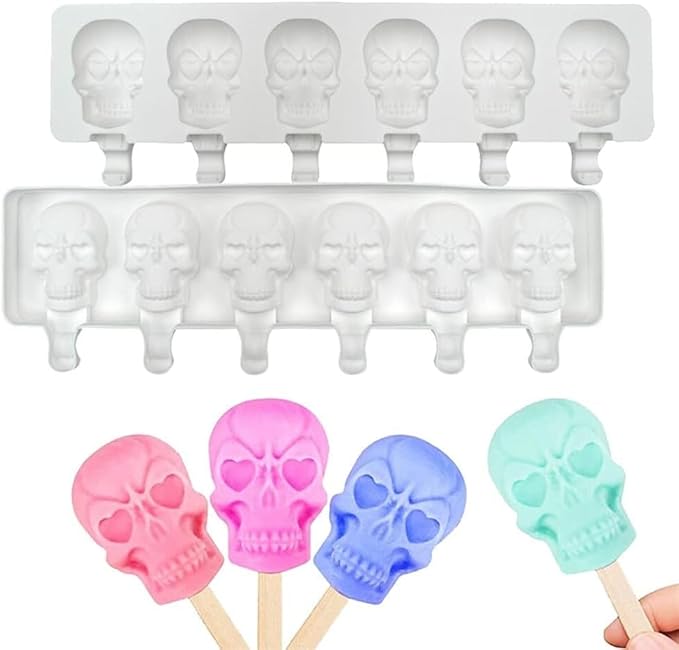 1 Pack Halloween Cute Skull Shape Popsicle Molds Silicone Ice Pop Molds 6 Cavities Popsicle Molds for Kids Adults Ice Cream Mold Cakesicles Mould DIY Popsicle Maker Homemade Popsicle Silicone Molds B