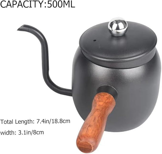 STOBOK 1Pc Japanese Style Gooseneck Coffee Kettle, 500ml Stainless Steel Drip Pot with Wooden Handle for Home, Office, Coffee Shop, Black