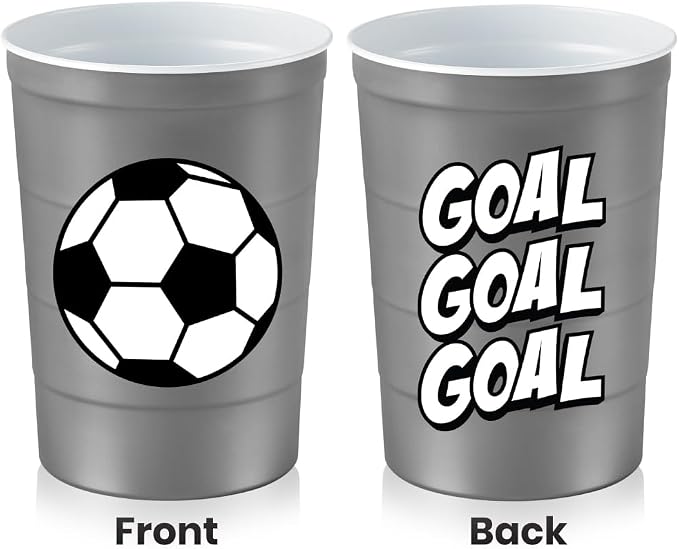 Steel Chill Cups 16 oz. Reusable Party Cups, Soccer, Green, 12 Count | Made in USA from Steel these durable cups chill fast & keep your drink cold for longer, 100% recyclable for sustainablity