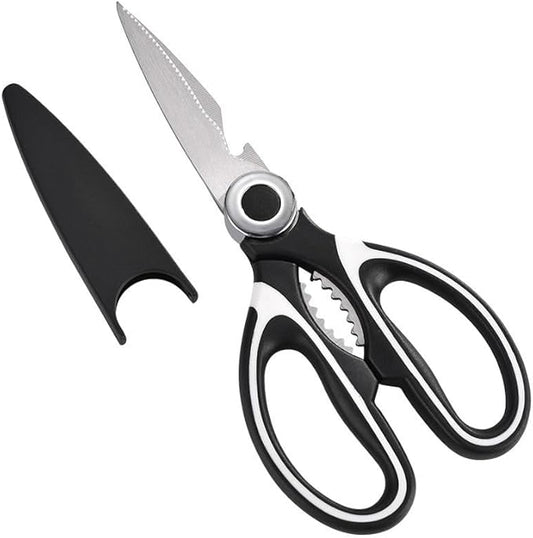 Multi-Purpose Kitchen Shears, SK5 Steel, Black with Protective Cover, Bottle Opener and Nutcracker