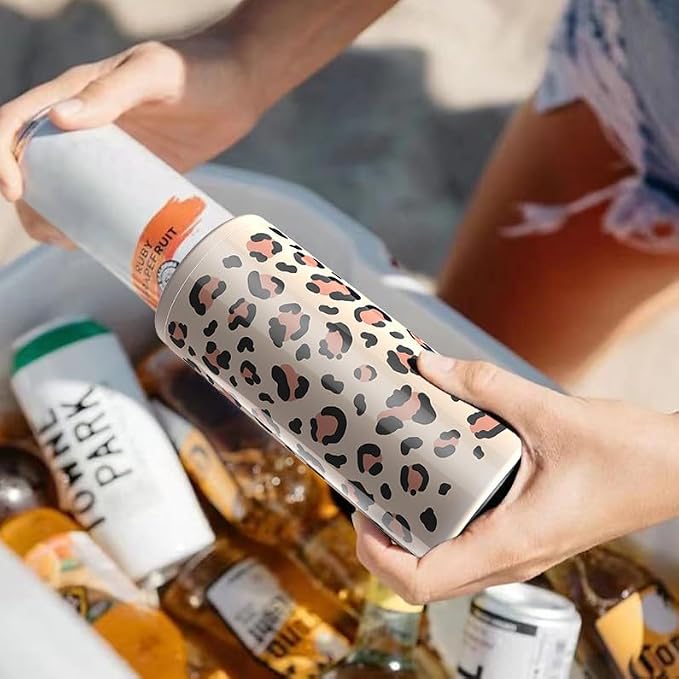 TILUCK Skinny Can Cooler, Stainless Steel Insulated Slim Cans, 12 oz | Beer & Hard Seltzer, Doucle-Walled Stainless Steel Insulated Slim Cans, Slim 12 oz(Leopard Print)