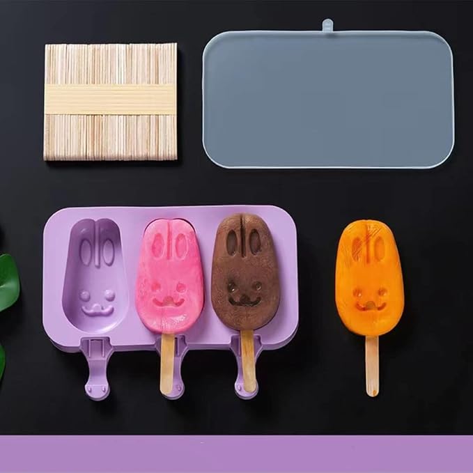 Cute Rabbit Popsicle Molds Silicone Rabbits Ice Pop Molds Homemade Popsicle Silicone Mold with 100pcs Popsicle Sticks Reusable Easy Release Summer Ice Pop Maker (Rabbit)