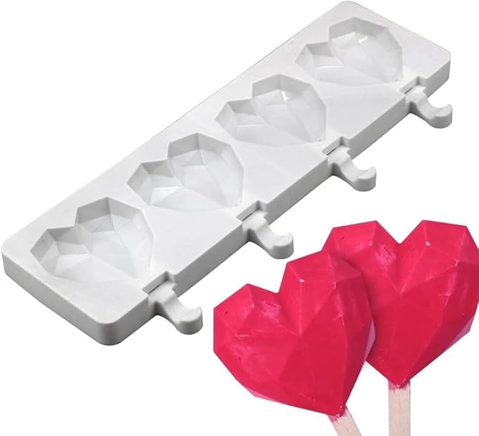 1 Pack Cute Diamond Heart Shape Popsicle Molds Silicone Ice Pop Molds 4 Cavities Popsicle Molds for Kids Adults Ice Cream Mold Cakesicles Mould DIY Popsicle Maker Homemade Popsicle Silicone Molds S