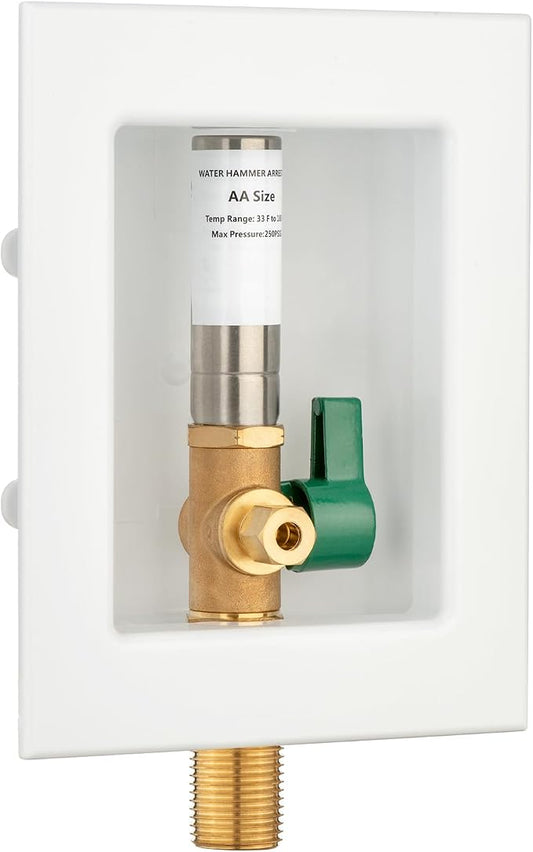 (1 Pack) Lidertik 1/2 NPT Thread or Sweat Pre-Assembled Ice Maker Outlet Box Valve 1/4 inch Recessed Refrigerator Water Line Wall Box with Shut Off Valve and Stainless Steel Water Hammer Arrestor 611