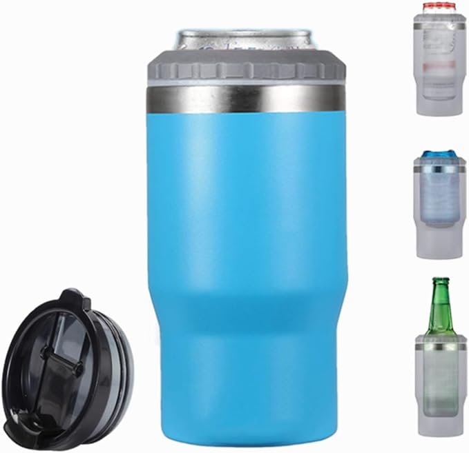14oz 4 in 1 Stainless Steel Can Cooler Beer Bottle Insulator With 2 Lids for 12oz can&bottle, Double walled insulated Thermocooler &Travel Mug Holder Keeping Your Bevearge Cold (Sky-blue)