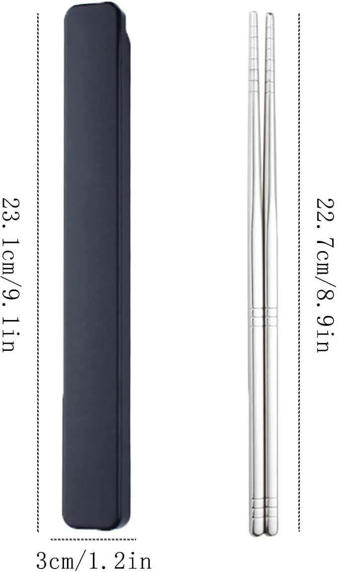Stainless Steel Metal Chopsticks - 1 Pair Reusable with Pull Design Case - Portable Utensil for School, Home, Office, Camp, Travel & Bento Box (Black)