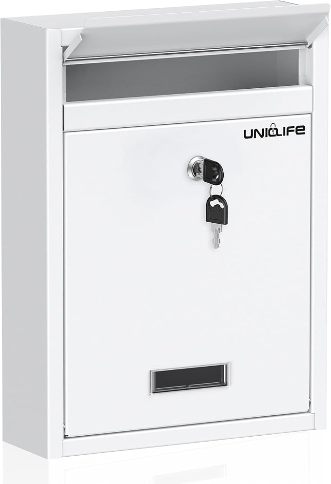 Uniclife Wall Mount Mailbox for Outside, Locking Mail Box, White | Large Mailbox with Key Lock, Security Mail Box for House, Safe Key Drop Box, Steel Cash Drop Box for Home Office School