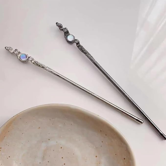 4 Pack Moonstone Hair Sticks for Bun Metal Shinny Moonstone Hair Fork Hairpin Chinese Style Hair Chopsticks Elegant Vintage Hair Accessories for Women Girls Long Hair