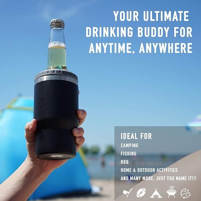 4 in 1 Stainless Steel Can/Bottle Insulator, 14oz Two-Way Lids SUS Insulated Can Cooler, Beer Bottle holder (Black)