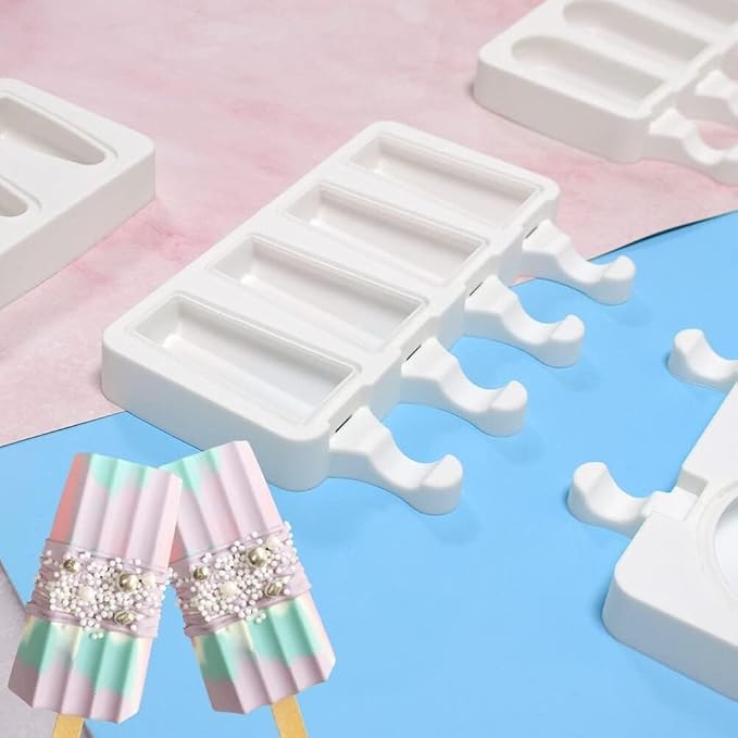 1 Pack Cute Stripe Shape Popsicle Molds Silicone Ice Pop Molds 4 Cavities Popsicle Molds for Kids Adults Ice Cream Mold Cakesicles Mould DIY Popsicle Maker Homemade Popsicle Silicone Molds N