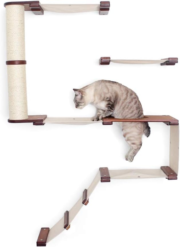 CatastrophiCreations Deluxe Cat Fort Wall Mounted Lounge Climb and Play Furniture Cat Tree Shelves DLF11ENCH English Chestnut Bamboo/Charcoal Gray Canvas