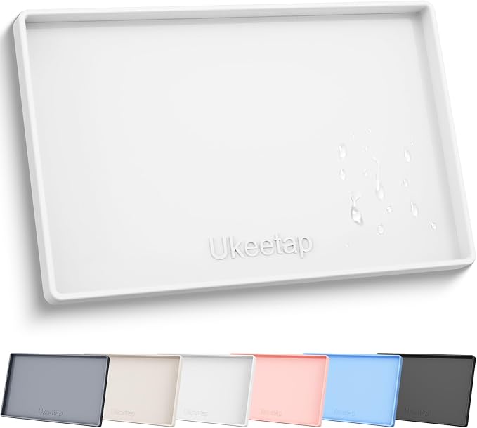 ukeetap 34" x 22" Extra Thick Silicone Mat Waterproof with Raised Edge, Under Sink Mat for Kitchen & Bathroom, Kitchen Cabinet Liner, Multi-Purpose for Storage & Protection, White