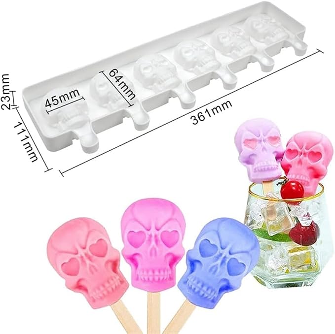 1 Pack Halloween Cute Skull Shape Popsicle Molds Silicone Ice Pop Molds 6 Cavities Popsicle Molds for Kids Adults Ice Cream Mold Cakesicles Mould DIY Popsicle Maker Homemade Popsicle Silicone Molds B