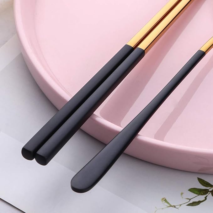 TEAHA Reusable Korean Chopstick and Spoon Set,4 Sets Long Handle Stainless Steel Spoon and Chopsticks Set,Metal Chopsticks Dishwasher Safe, Black Gold.