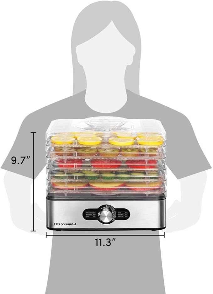 Elite Gourmet EFD3321 Food Dehydrator, Stainless Steel Trays & Finish | Adjustable temperature controls - makes jerky, herbs, fruit & veggies into dried snacks - doubles for meat & herb drying too