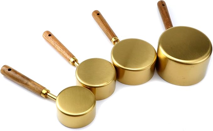 4pcs Stainless Steel Measuring Cups Wooden Handle, 4 Sizes, Gold | Measuring Cup and Spoon Set, Measuring Scoops, For Measuring Dry and Wet Ingredients, 250ml, 125ml, 80ml, 60ml