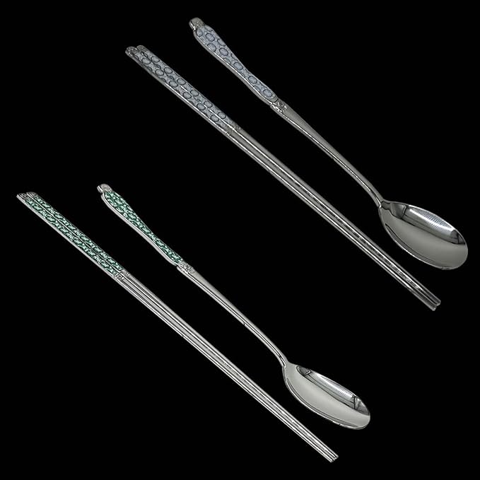 [Made in Korea] Goryeo Celadon Design Korean Table Sticky Rice Spoon and Chopsticks 430 Stainless Steel Glossy Surface Mukbang Cutlery (White and Blue)