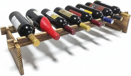 Carbonized Pine Wood Wine Rack - 1-Tier Wine Storage, Holds 8 Bottles, Freestanding Wine Organizer for Home Bar, Kitchen, Living Room, Stylish & Durable