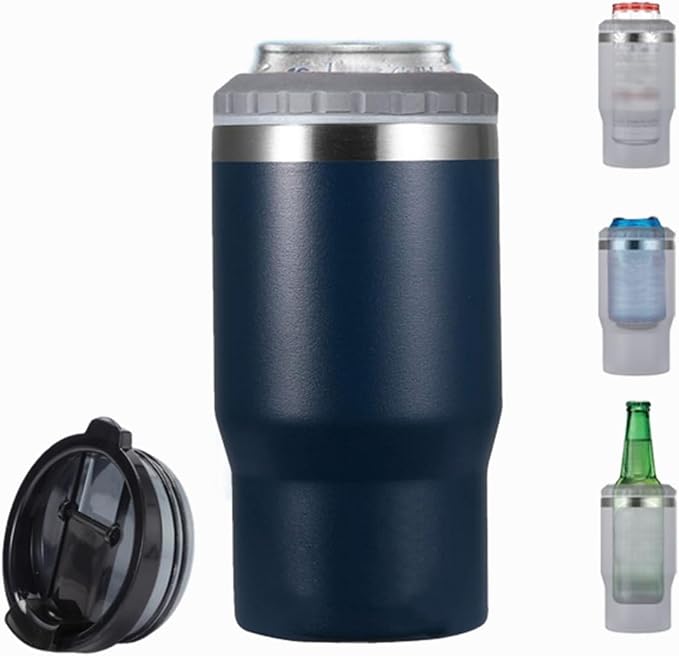 14oz 4 in 1 Stainless Steel Can Cooler Beer Bottle Insulator With 2 Lids for 12oz can&bottle, Double walled insulated Thermocooler &Travel Mug Holder Keeping Your Bevearge Cold (Navy#)