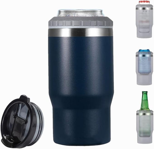 14oz 4 in 1 Stainless Steel Can Cooler Beer Bottle Insulator With 2 Lids for 12oz can&bottle, Double walled insulated Thermocooler &Travel Mug Holder Keeping Your Bevearge Cold (Navy#)