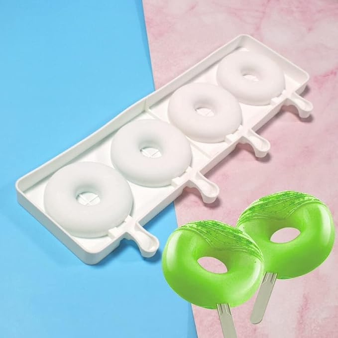 1 Pack Cute Doughnut Shape Popsicle Molds Silicone Ice Pop Molds 4 Cavities Popsicle Molds for Kids Adults Ice Cream Mold Cakesicles Mould DIY Popsicle Maker Homemade Popsicle Silicone Molds L