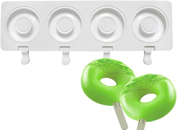 1 Pack Cute Doughnut Shape Popsicle Molds Silicone Ice Pop Molds 4 Cavities Popsicle Molds for Kids Adults Ice Cream Mold Cakesicles Mould DIY Popsicle Maker Homemade Popsicle Silicone Molds L