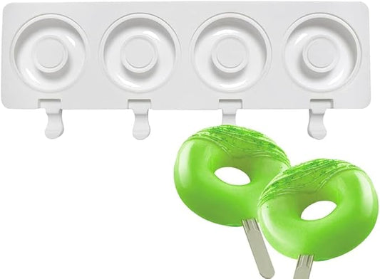 1 Pack Cute Doughnut Shape Popsicle Molds Silicone Ice Pop Molds 4 Cavities Popsicle Molds for Kids Adults Ice Cream Mold Cakesicles Mould DIY Popsicle Maker Homemade Popsicle Silicone Molds L