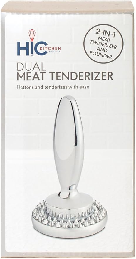 HIC Kitchen Dual Sided Meat Tenderizer Marinating Prep Tool, Chrome-Plated Zinc, 835 Grams, For Flattening Cutlets And Tenderizing Meat