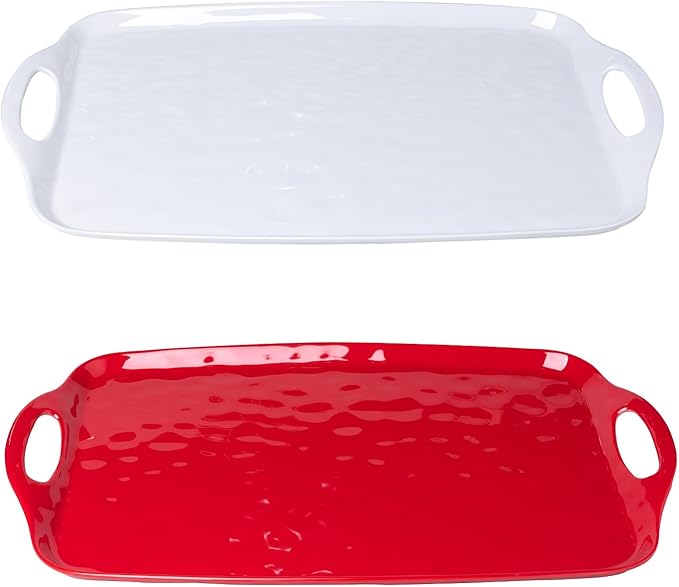 LEHAHA Large Christmas Melamine Serving Tray with Handles, Rectangular Serving Platter, Set of 2, 19''x12'' Turkey/Barbecue/Food/Grilling Prep and ServeTray. Bright White and Christmas Red