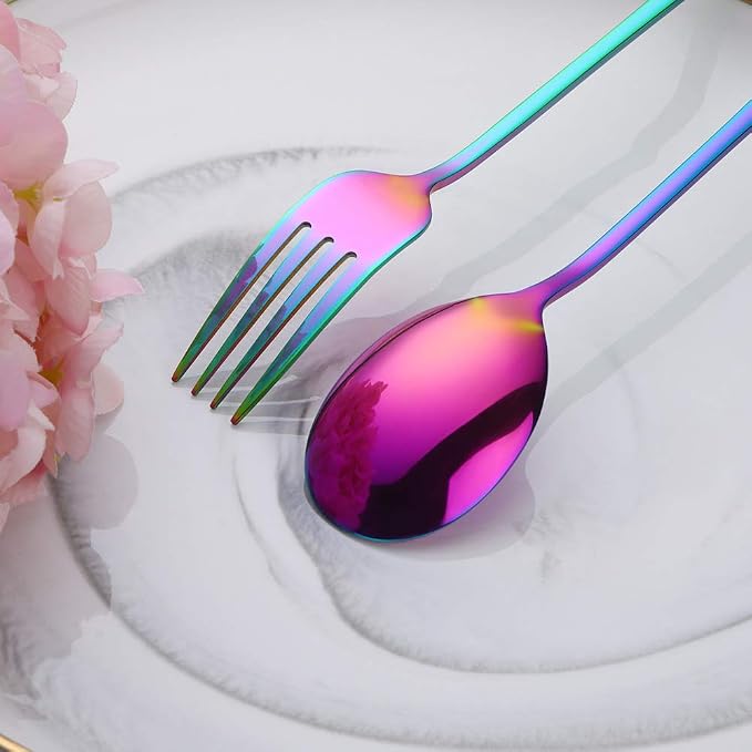 Buyer Star Stainless Steel Korean Chopsticks Spoons and Fork Set, 2 Pack Reusable Forks and Spoons Silverware Korean Utensil Set, Portable Utensils Dinnerware for Home (Rainbow)
