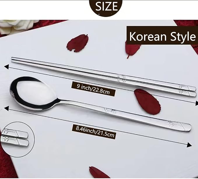 Korean Metal Chopsticks and Spoons Set, Reusable Stainless Steel Flatware Chopsticks and Spoons with long-hand, set of 3 (Lucky Clover)