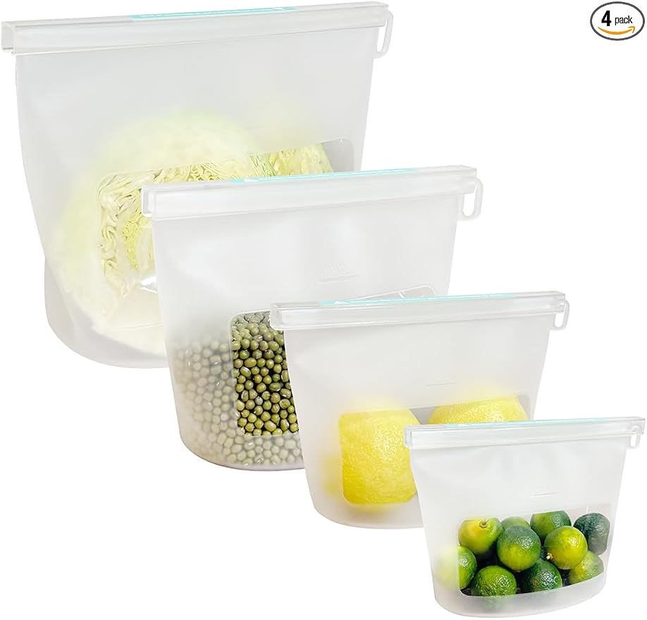 Reusable Silicone Food Storage Bags (Set of 4), Dishwasher Oven Microwave Freezer Safe, Eco-Friendly 100% Platinum, Leakproof Sous Vide Bags, Clear, X-Large