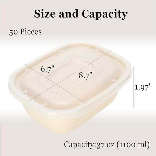 Aksipo 50 Pack 37 Oz Disposable Food Containers with Lids, Compostable Meal Prep Containers with Lids, Leak-proof To Go Food Box Cardboard Take Out Lunch Box Rectangle Paper Bowls for Salad,Leftovers
