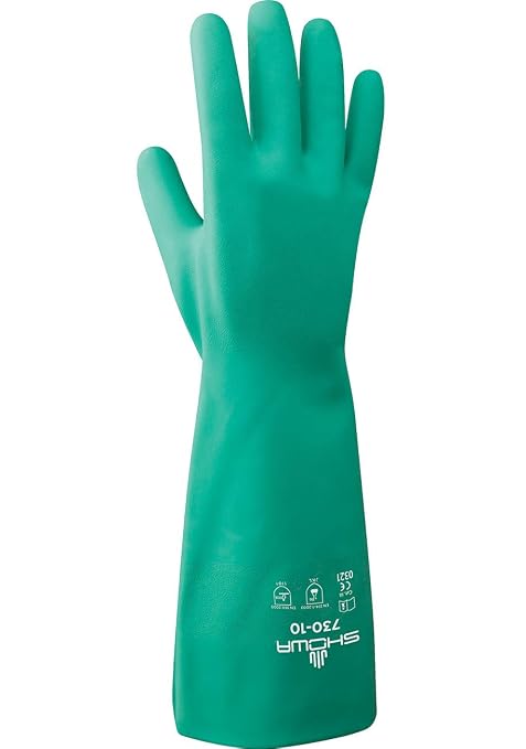 SHOWA 730 chemical resistant nitrile gloves, 13-inch extended gauntlet, bisque grip, green, X-Small, 12-pack