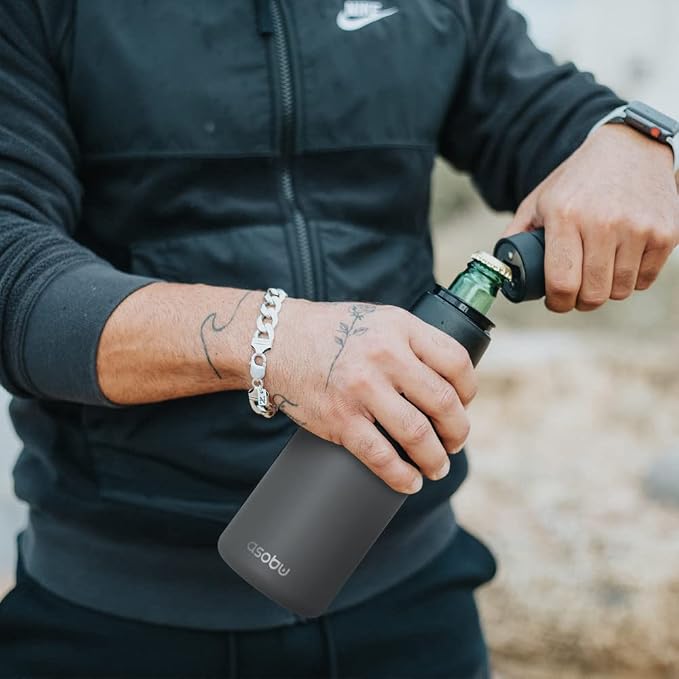 Asobu Frosty Beer Holder 2 Go Vacuum Insulated Double Walled Stainless Steel Beer Can and Bottle Cooler with Beer Opener, Bpa Free, Fits Standard 12oz Bottles & Cans, Gift for Beer Lovers (Smoke)