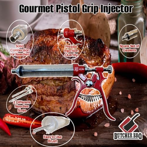 Butcher BBQ Pistol Grip Gourmet Meat Injector Syringe | Metal Handle | 50cc Pistol Grip Injection Syringe | 2 Different Needles for Different Meats | BBQ Smoker Accessories | Tailgating Accessories