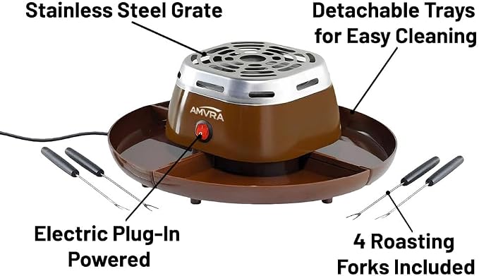 AMVRA Indoor Electric S'Mores Maker Smores Kit with 4 Stainless Steel Marshmallow Roasting Sticks and 4 Trays for Graham Crackers, Chocolate, and Marshmallows - Movie Night Supplies - Brown