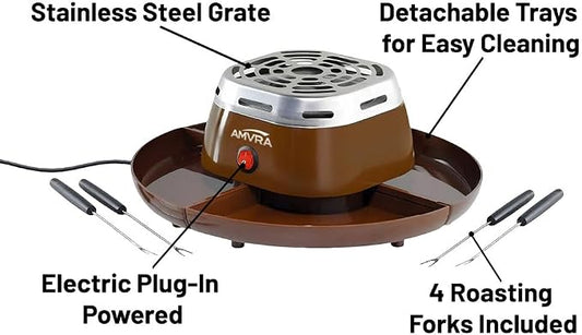 AMVRA Indoor Electric S'Mores Maker Smores Kit with 4 Stainless Steel Marshmallow Roasting Sticks and 4 Trays for Graham Crackers, Chocolate, and Marshmallows - Movie Night Supplies - Brown