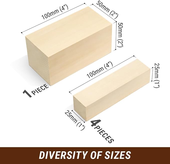 BeaverCraft Basswood Carving Blocks 5PCS Whittling Wood for Carving - Large, Small Wooden Blocks for Crafts, Unfinished Wood BW1