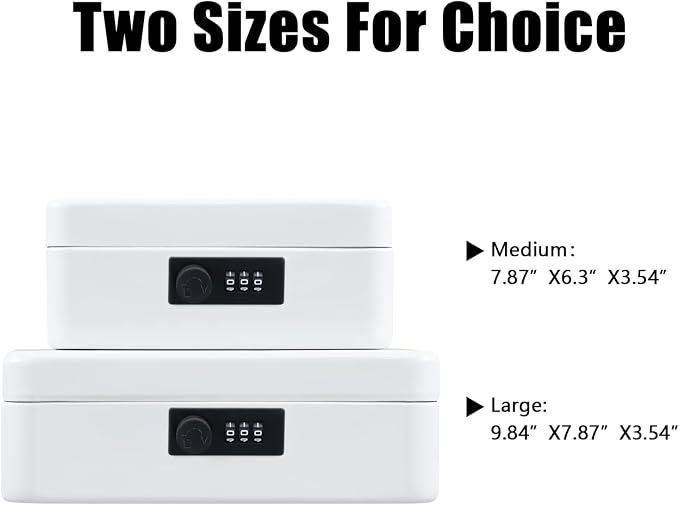 KYODOLED Large Cash Box with Combination Lock,Safe Metal Box for Money, Storage Lock Box with Money Tray,9.84"x 7.87"x 3.54" White Large