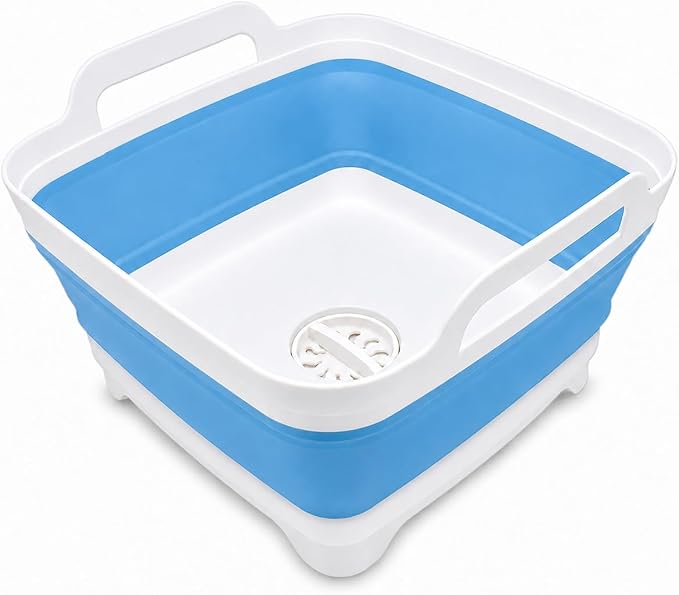 2.4 Gal(9L) Collapsible Dish Basin with Drain Plug, Space Saving Outdoor Multiuse Foldable Sink Tub, Dishpan, Kitchen Storage Tray for Camping, Vegetable Washing, RV (Blue)