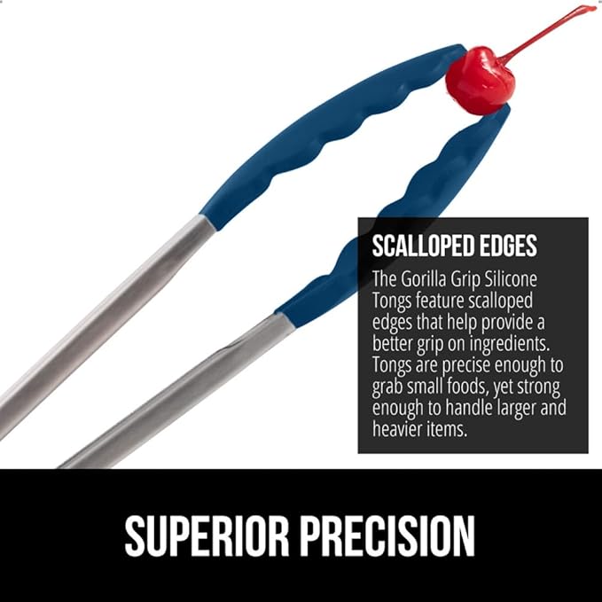 GORILLA GRIP Stainless Steel Heat Resistant Kitchen Tongs for Cooking, Set of 2 BBQ Tong, Non Scratch Silicone Tip for Pans, Strong Grip, Grab Food, Toss Salad, Air Fryer, Pull Lock, 7 + 9 Inch, Blue