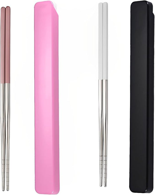 Pink Chopsticks Reusable Portable SUS304 Stainless Steel, White Pink,9‘’ | 18/8 Stainless Steel,Metal,Black Blue For Travel,Camping,Bento Box, Alternative to Wooden/Plastic Chopstick