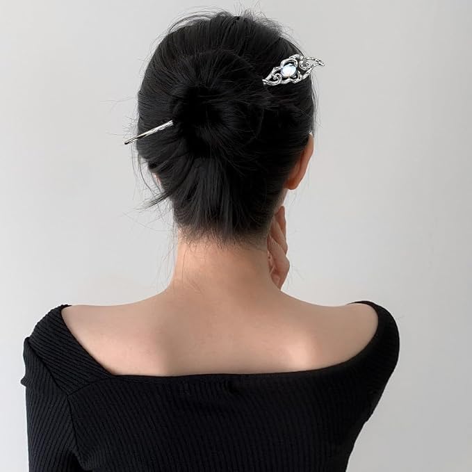 6PCS Star Moon Hair Sticks for Buns Long Hair Chinese Hanfu Asian Vintage Hair Chopsticks Metal Silver Hair Bun Updo Holders Long Hairpins for Women Girls